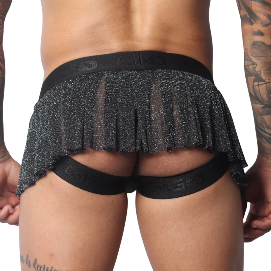 Black metallic pleated mini skirt with an open back, featuring a branded elastic waistband and leg straps.