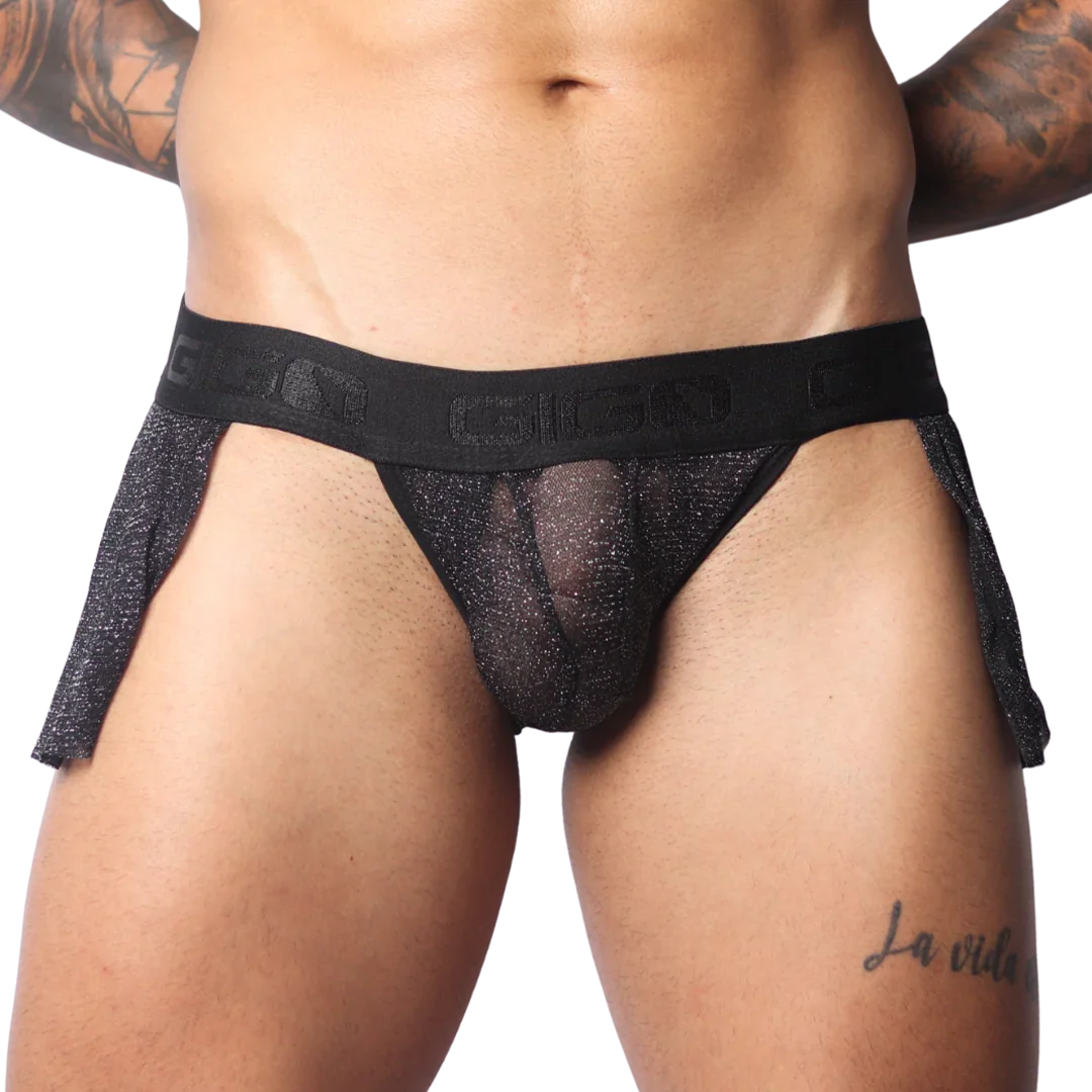 Black metallic shimmer mesh Gigo skirt with a wide branded elastic waistband and open sides.