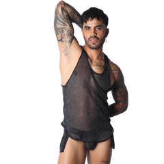 A semi-sheer, shimmering black tank top with a scooped neckline and side slits, worn by a tattooed man.