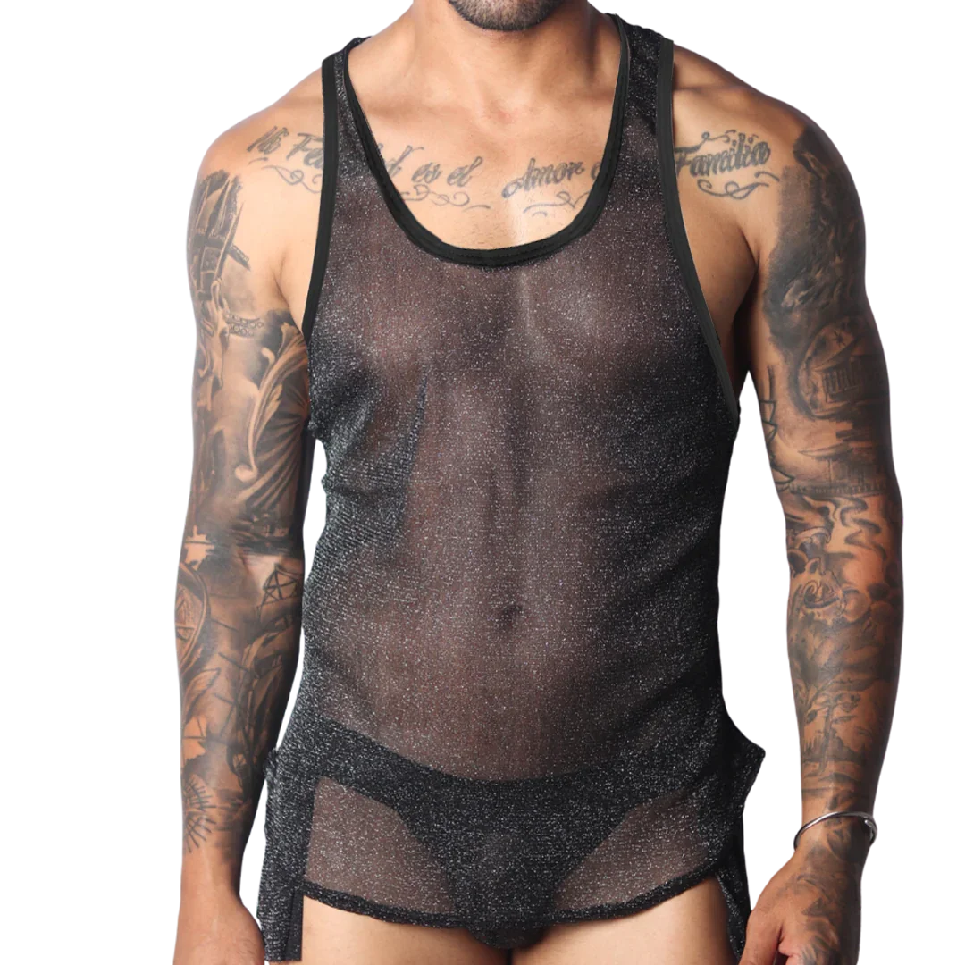 Black semi-sheer mesh tank top with a subtle glitter finish and solid black trim, worn over matching briefs.
