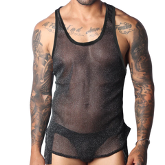 Black semi-sheer mesh tank top with a subtle glitter finish and solid black trim, worn over matching briefs.