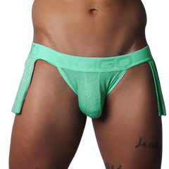 Flash green glittery athletic jockstrap with a branded waistband and detached side skirt panels.