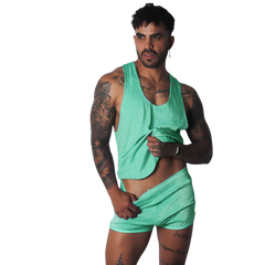 Neon green, glitter-finish tank top with a scoop neck and wide straps in a fitted, athletic style.