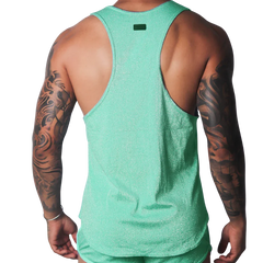 Shimmering mint green racerback tank top with a small rectangular logo patch on the upper back.
