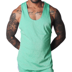 Flash green scoop neck tank top in a shimmering, textured material.