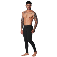 Form-fitting black Lycra leggings for men with a seamless athletic style and high-rise waistband.