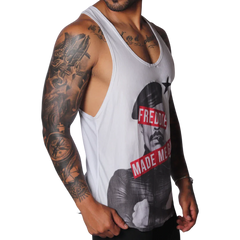 White racerback tank top featuring a graphic of Freddie Mercury with red text bars and a black star.