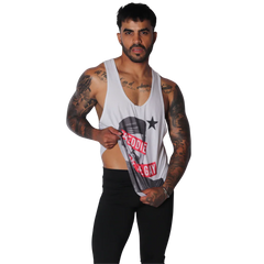 White cotton racerback tank top featuring a black and white Freddie Mercury graphic and red text detail.
