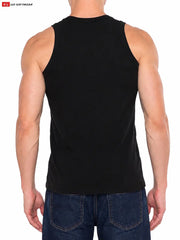 Back view of a man wearing a black sleeveless tank top and blue denim jeans by Go Softwear