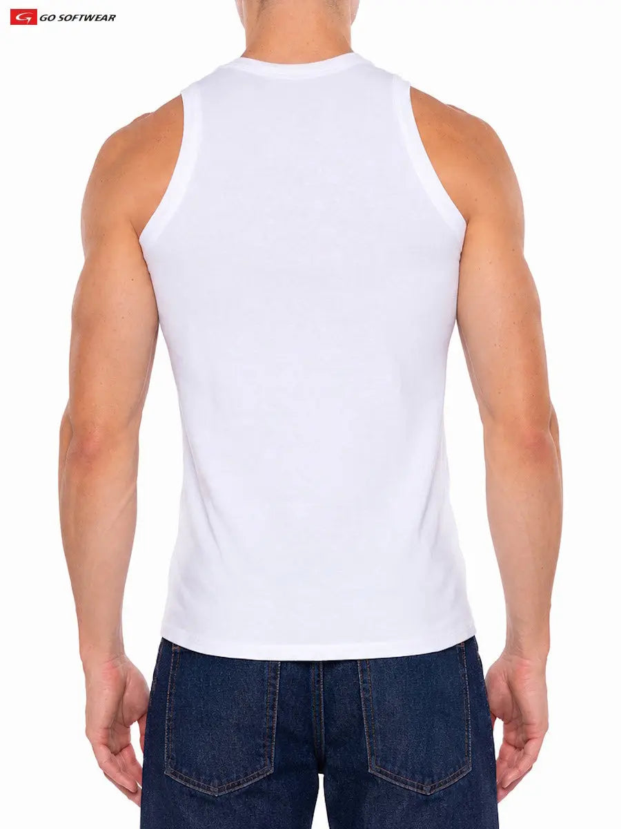 Back view of a man wearing a white fitted sleeveless tank top made of soft fabric paired with dark blue denim jeans by Go Softwear