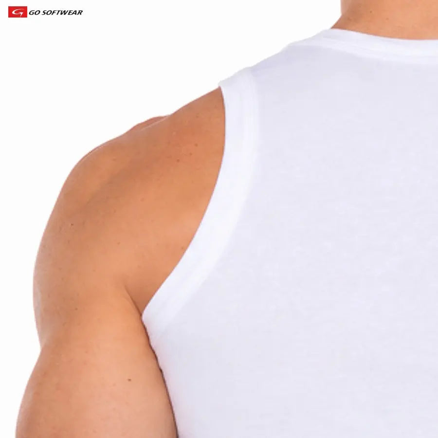 Close-up of a man's shoulder and upper back wearing a white sleeveless tank top made of soft fabric by Go Softwear