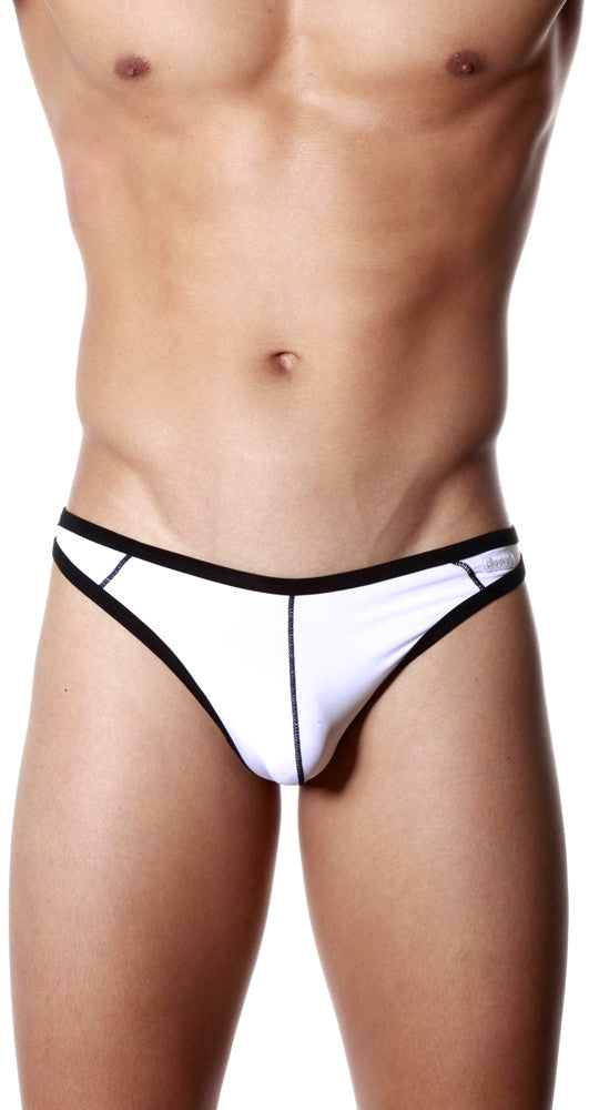 White and black groovin underwear accent thong with sleek minimalist design shown from the back side