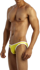 Bright yellow groovin underwear accent v-cut bikini swim trunks with white trim for vibrant beachwear