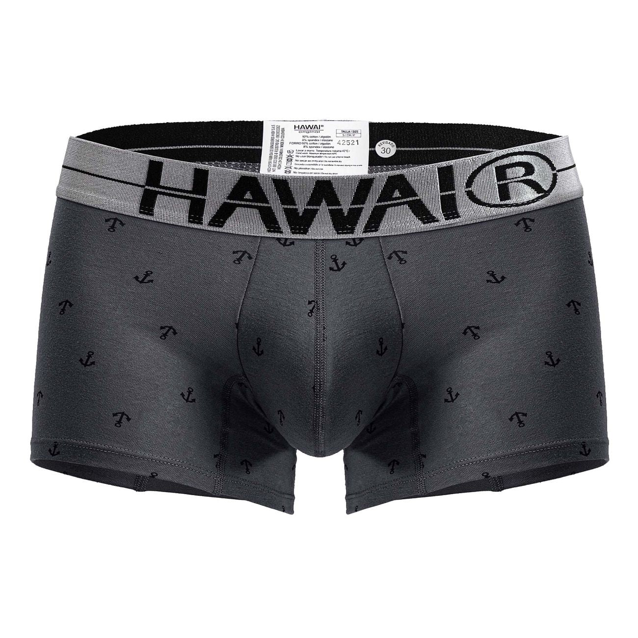 Gray Hawai 42521 cotton blend boxer briefs with black anchor pattern and gray waistband featuring brand logo