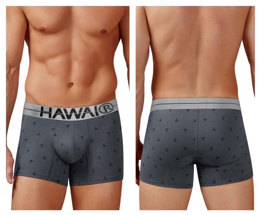 Gray cotton blend boxer briefs with subtle black anchor pattern and white hawaii waistband trunks model 42521