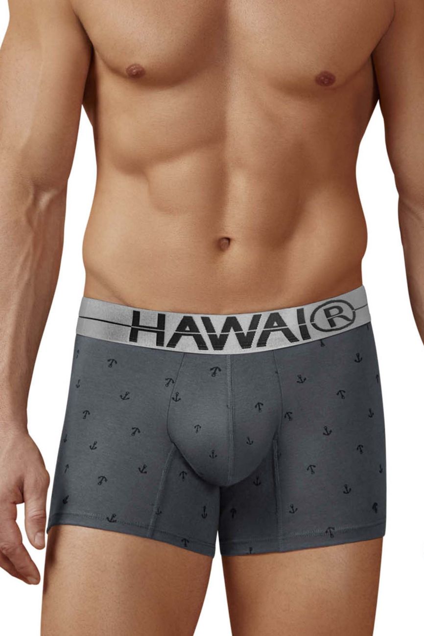 Gray cotton blend boxer briefs with black anchor pattern and white hawaii waistband for comfortable support