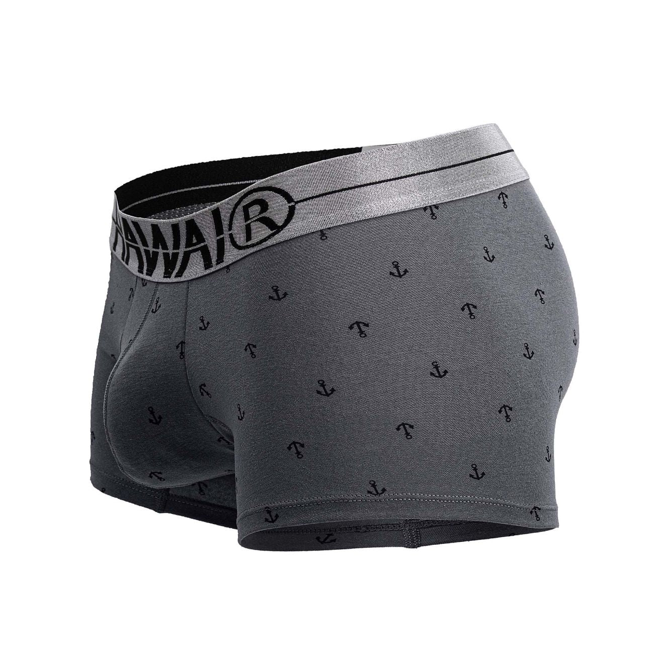 Gray men’s cotton blend boxer briefs with subtle black anchor pattern and silver waistband featuring hawai logo