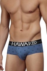 Blue hawaiian men’s cotton blend briefs in blue quartz with black waistband and white brand name featuring geometric patterns