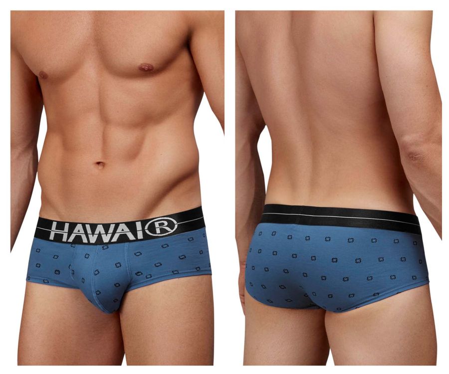 Blue hawaiian briefs in cotton blend with black hawai waistband and dark geometric pattern in blue quartz color