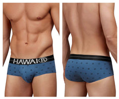 Blue hawaiian briefs in cotton blend with black hawai waistband and dark geometric pattern in blue quartz color
