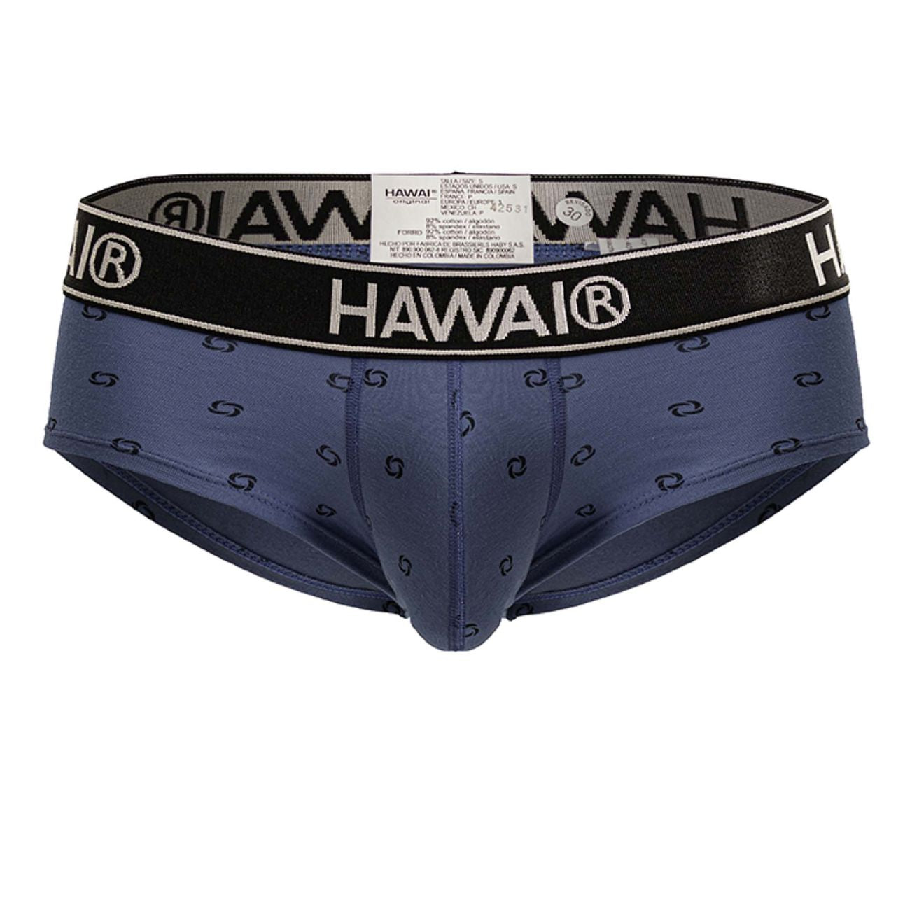 Navy blue hawai branded briefs with repeating black pattern and elastic waistband in cotton blend blue quartz material