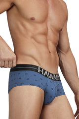 Blue hawaiian men’s briefs in cotton blend with black waistband and white hawaii branding in blue quartz color