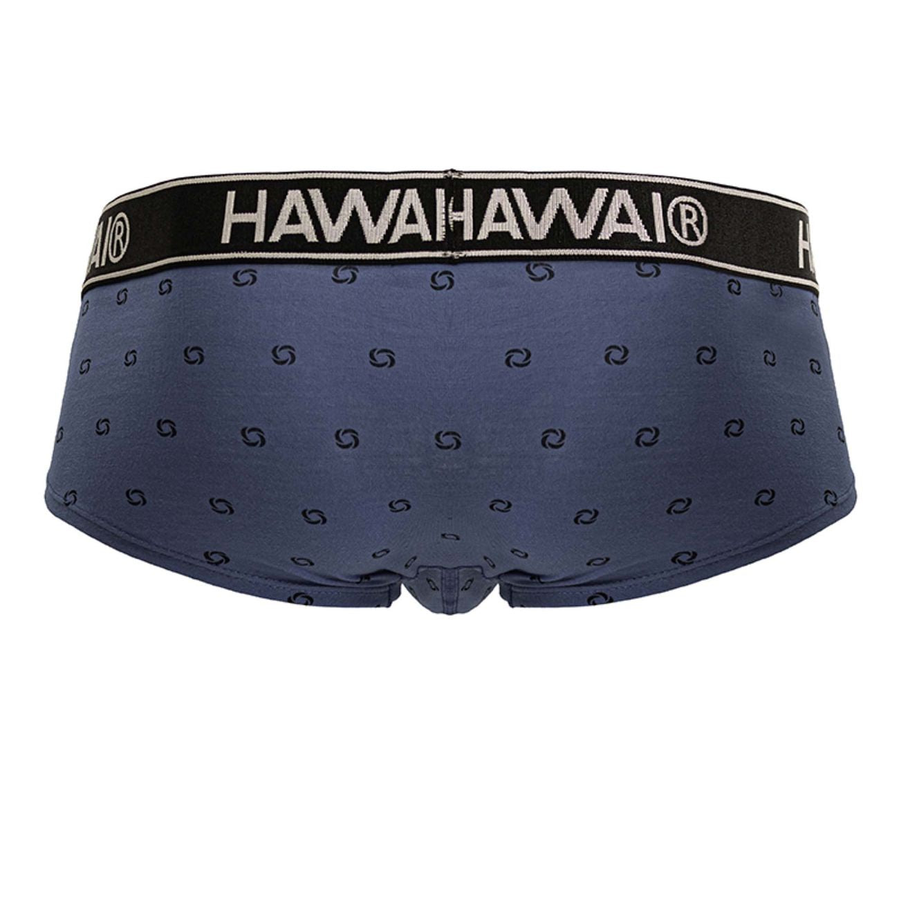 Navy blue cotton blend hawahawai briefs with black waistband and white logo swirl patterns in blue quartz color