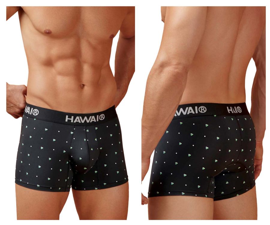 Black hawaiian microfiber boxer briefs with white triangle and dot pattern and logo on waistband color black