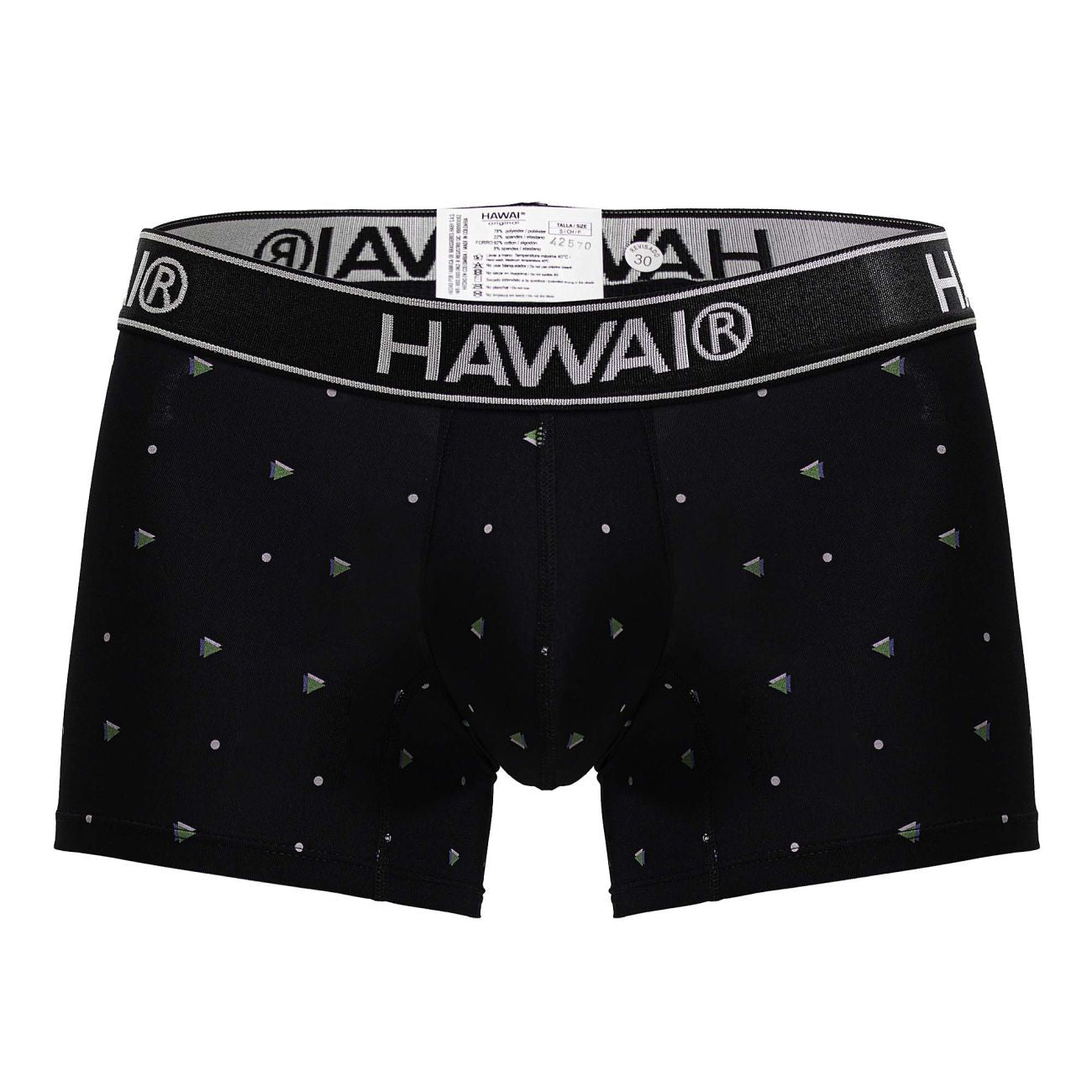 Black hawai 42570 microfiber boxer briefs in black with a silver logo band and metallic triangle and dot patterns