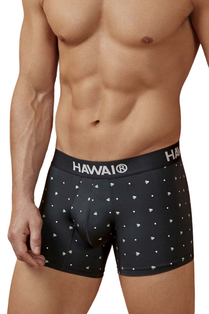 Black hawaiian microfiber men’s boxer briefs with white triangle and dot pattern and hawai logo waistband