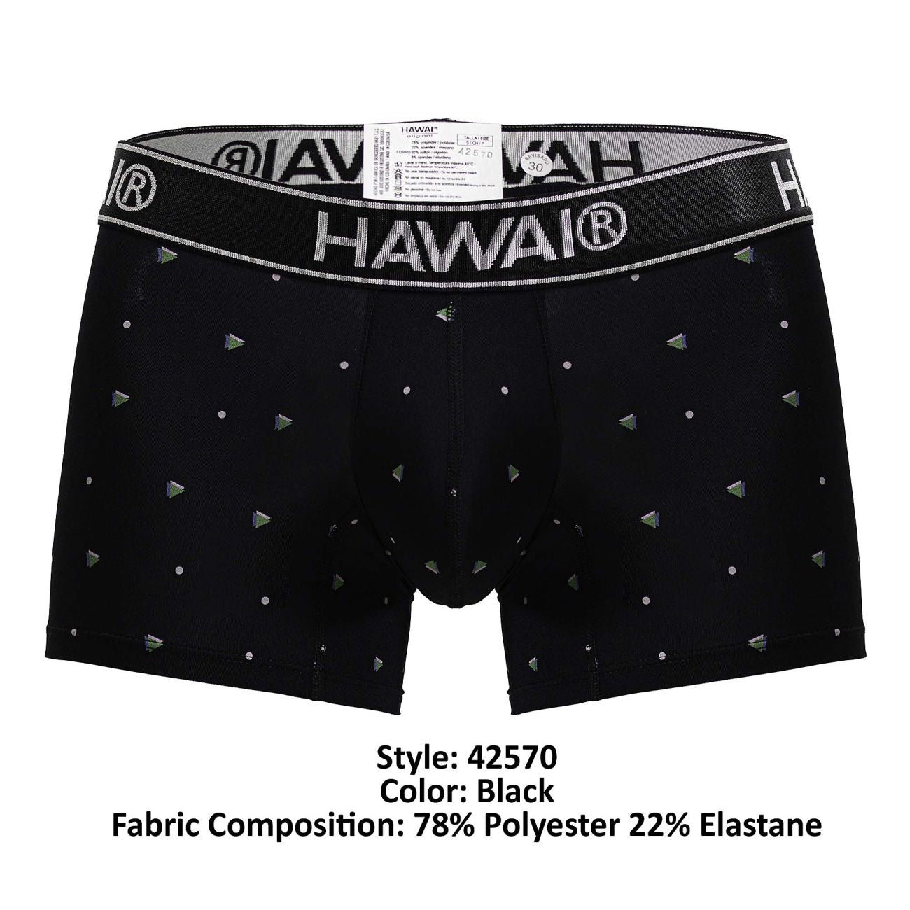 Hawai 42570 black microfiber boxer briefs with silver triangle and dot pattern and elastic waistband with brand name