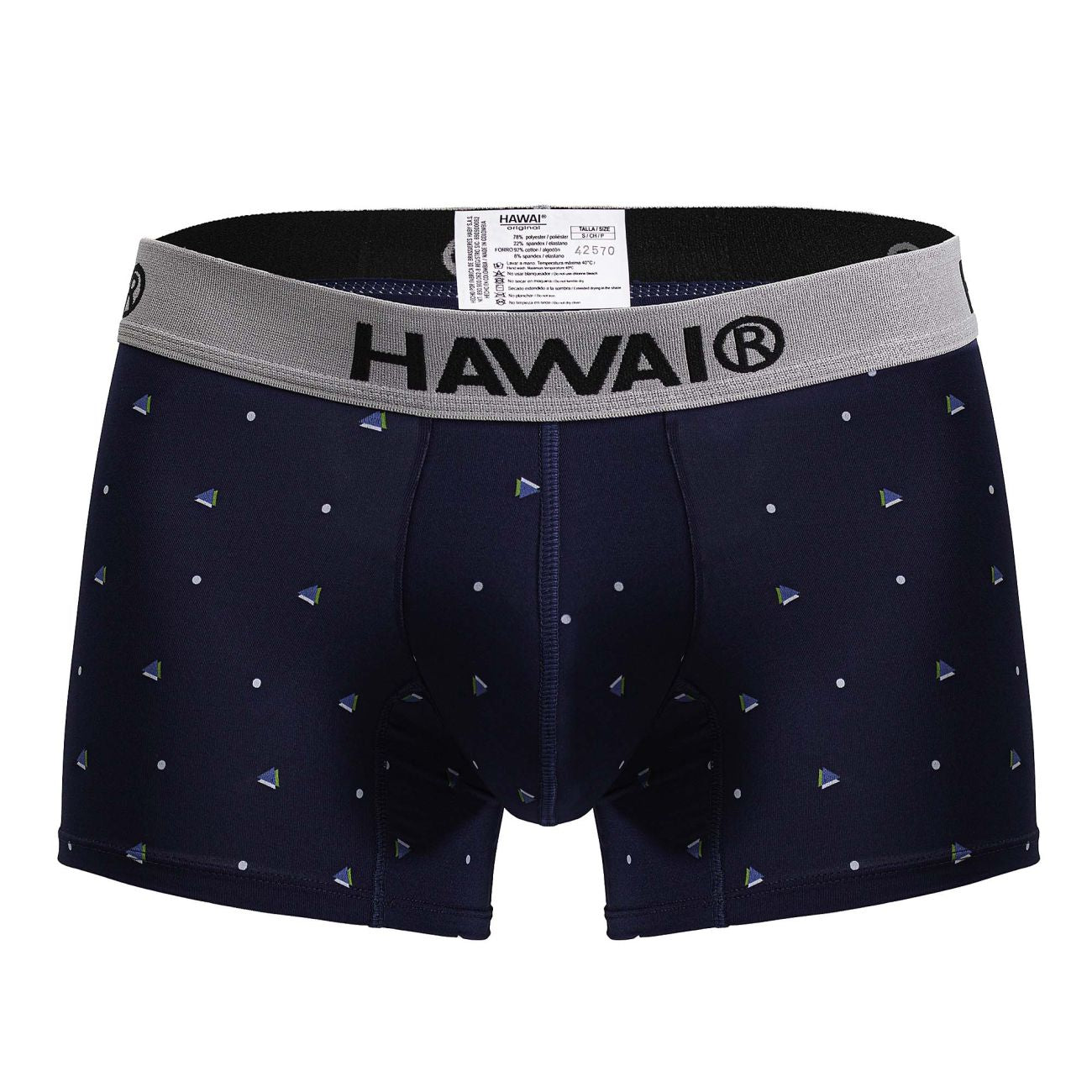 Navy blue hawaii microfiber trunks with gray waistband and silver triangular patterns for comfortable wear