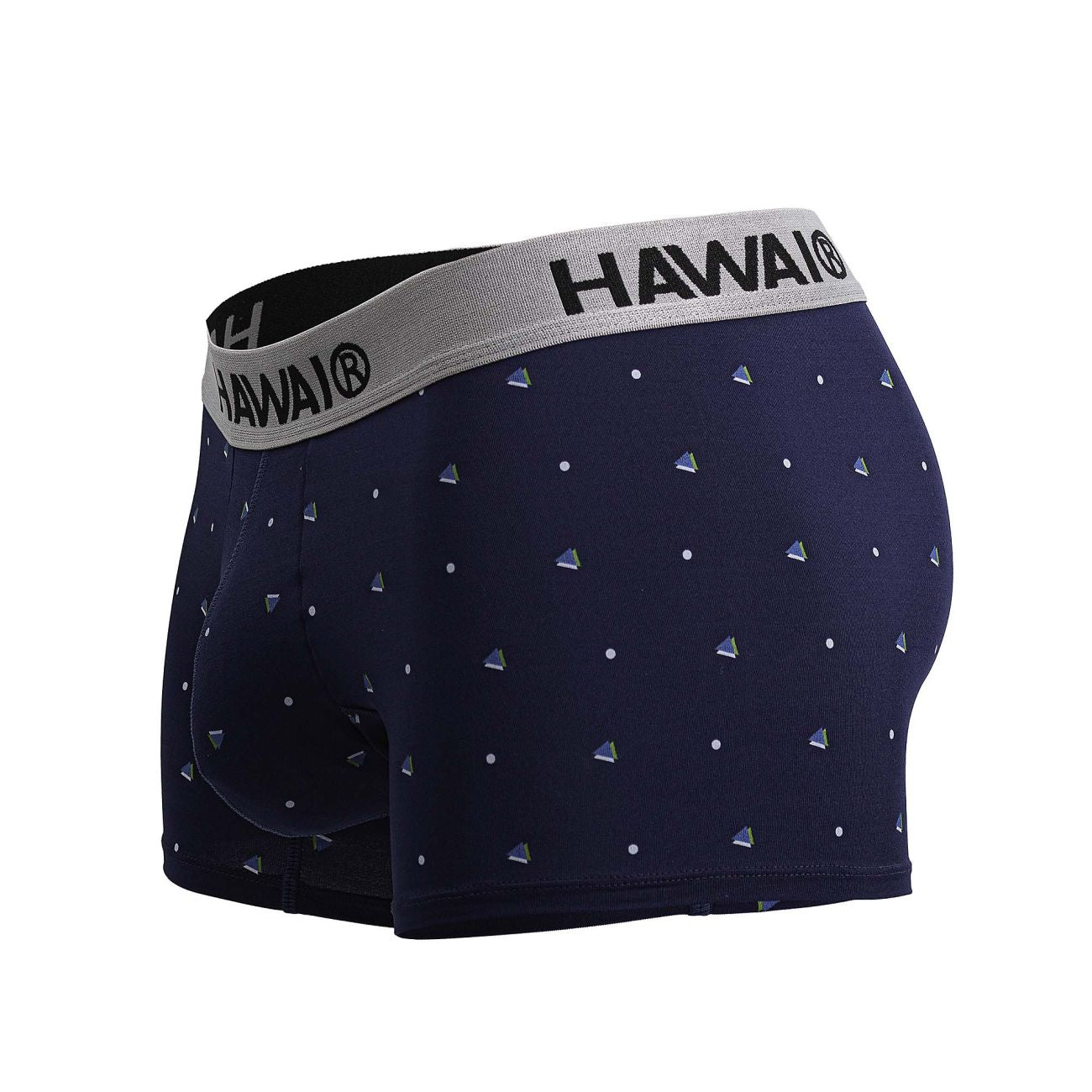 Navy blue hawaï 42570 microfiber trunks with gray waistband and silver white triangular dot patterns