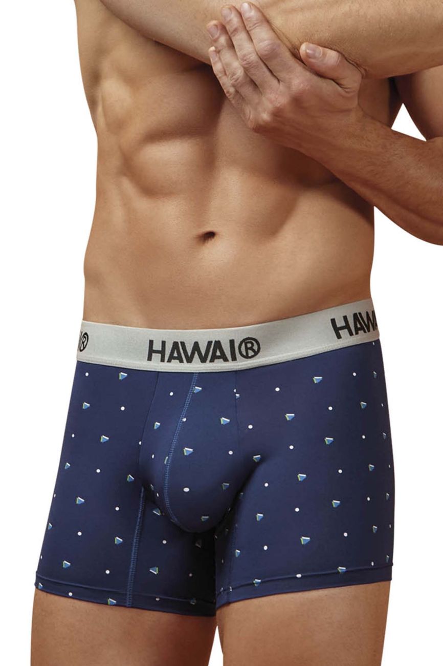 Navy blue hawaii 42570 microfiber trunks with white diamond and dot pattern and gray waistband branding