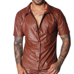 Brown short-sleeve button-down shirt in smooth faux leather with a classic collar and single chest pocket.