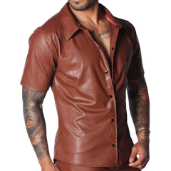 Brown short-sleeved faux leather button-down shirt with a classic collar, worn open over a bare chest.