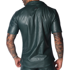 Dark green short-sleeve button-down shirt in smooth faux leather with a classic collar and small back neck logo patch.
