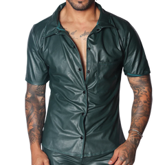 Dark green short-sleeved button-up shirt in faux leather with a classic collar and single chest pocket.