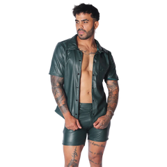Dark forest green short-sleeve button-up shirt in a smooth faux leather finish with a classic collar.