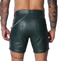 Dark green faux leather shorts with back pockets and a silver chain accessory attached to the waistband.