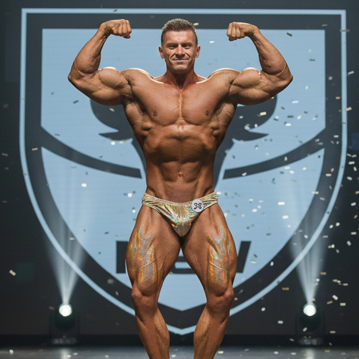 A muscular man wearing MetroMaleWear posingwear hologram gold shiny competition briefs with number 38 on his hip