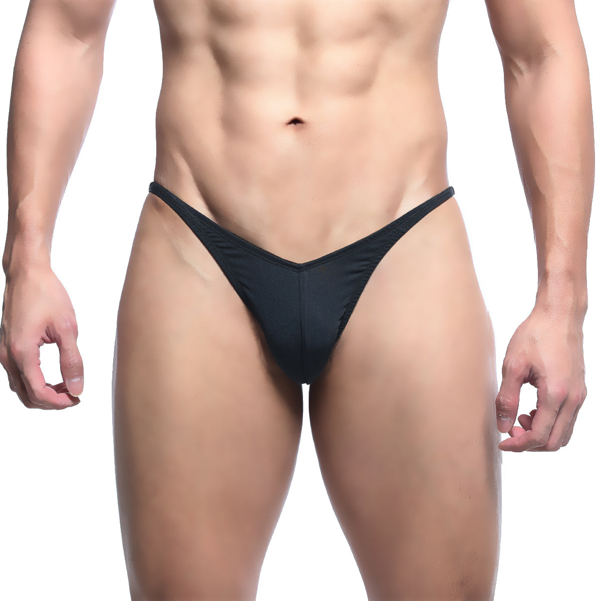 Black form-fitting thong made of smooth stretchy fabric from metromalewear posingwear ifbb pro posing suit front view