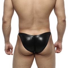 Black glossy faux leather thong with sleek minimalist design from metromalewear posingwear ifbb pro posing suit leather