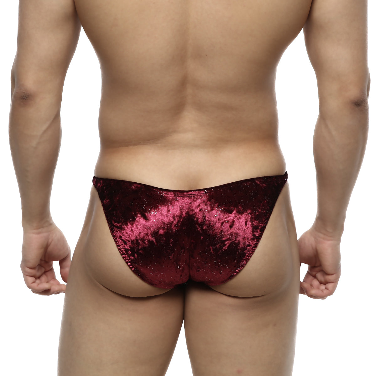 MetroMaleWear IFBB PRO posing suit burgundy velvet brief with glittery textured finish for competitive posing
