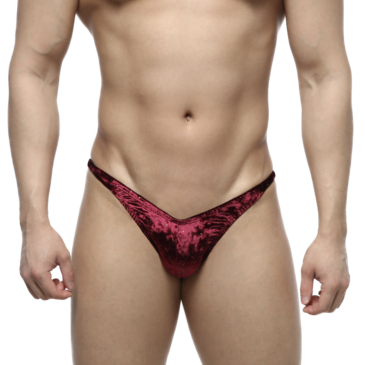 MetroMaleWear IFBB PRO deep red velvet thong with subtle texture for posing wear front view