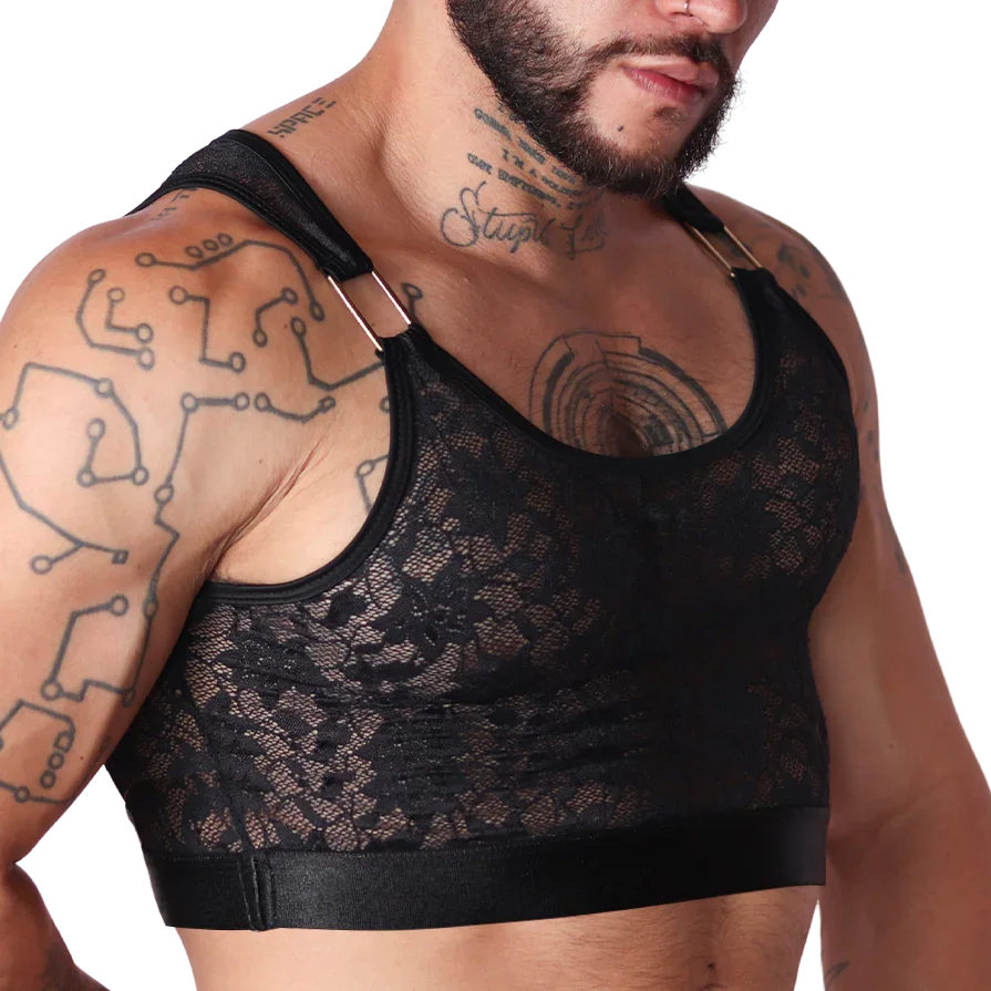 Gigo Illusion black lace crop top with a wide elastic hem and gold-tone hardware on the shoulder straps.