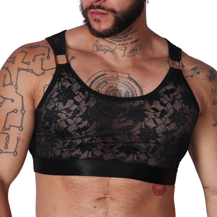 Gigo Illusion black lace crop top, sleeveless with gold-tone ring strap connectors and a smooth elastic underband.
