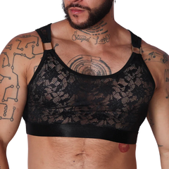 Gigo Illusion black lace crop top, sleeveless with gold-tone ring strap connectors and a smooth elastic underband.