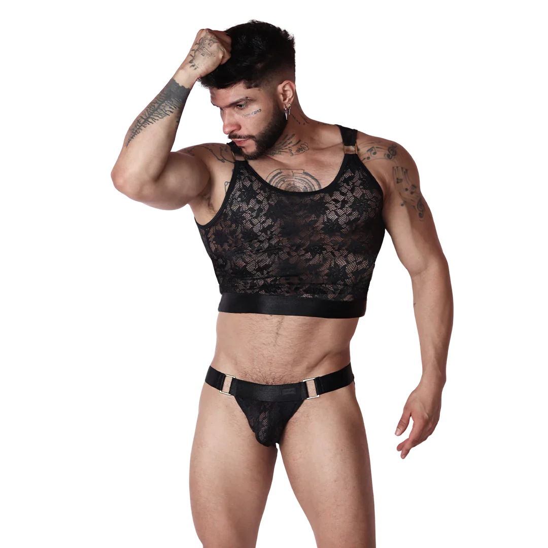 Gigo Illusion black lace crop top with a wide elastic band and metal hardware accents.