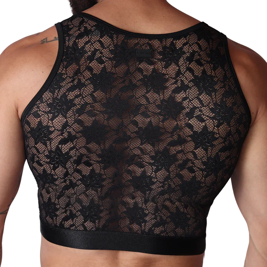 Gigo Illusion black lace crop top, sleeveless with a scoop neckline and a solid black hem band.